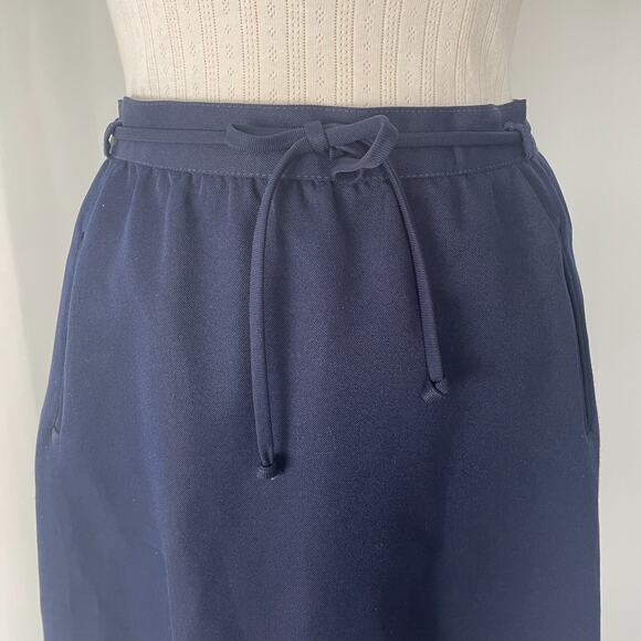 Vintage A Line Midi Skirt Size 14 Navy Blue Belted High Rise Retro Preppy 80s - Picture 3 of 15